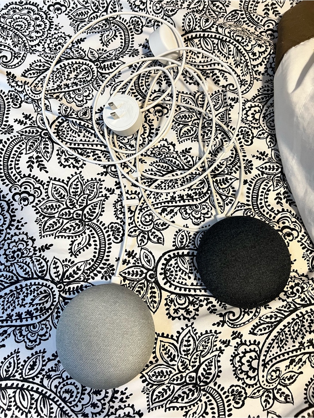 google Mini Smart Speakers in Light Gray and Charcoal